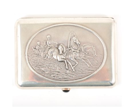 A Russian silver cigarette case by Ivan Arkharov, assay mark for St Petersburg, embossed scene to front depicting men in a ho