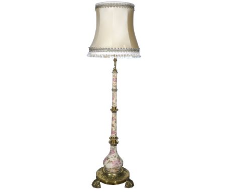 Edwardian brass and stoneware standard lamp, tapering bulbous column with stoneware sections, circular brass base on tripod f