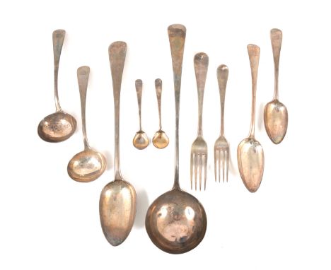 Matched part canteen of silver cutlery, Old English pattern with engraved crest, including a ladle, basting spoon, pair of sa