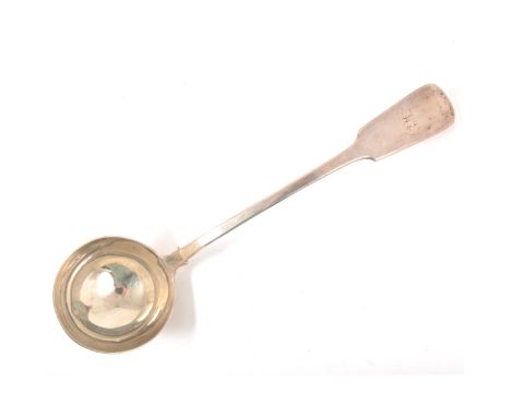 Victorian silver soup ladle, Samuel Hayne &amp; Dudley Cater, London 1845, Fiddle pattern, engraved monogram, 6oz, 55cm.