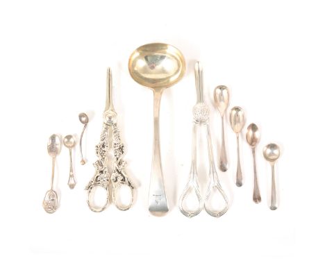 A George IV silver sauce ladle, William Eley &amp; William Fearn, London 1822, three silver salt spoons, two pairs of plated 