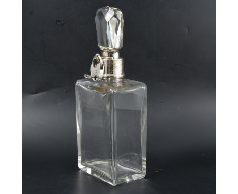 Cut glass whisky decanter, rectangular form, the collar and stopper with silver mounts and padlock, by John Heath &amp; John 