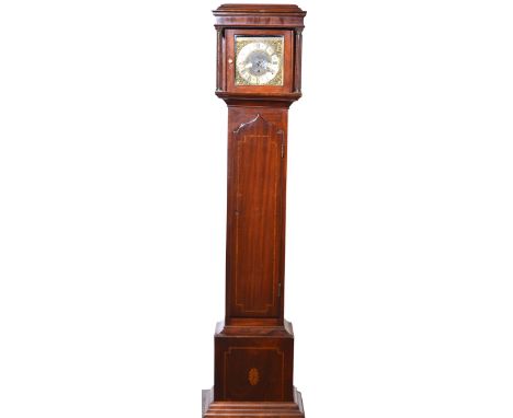 A mahogany cased Grandmother clock, the hood with moulded cornice, turned and fluted supports, long door with boxwood and ebo