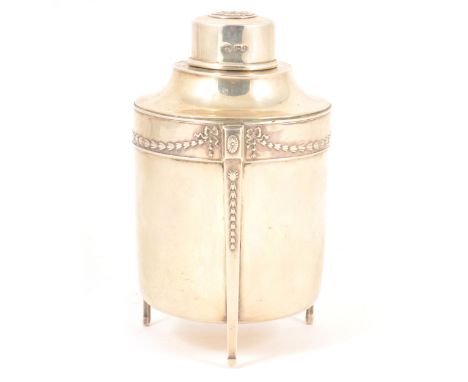 A Neoclassical style silver tea caddy, John Round &amp; Son Ltd, Sheffield 1911, near cylindrical form with projecting tripod