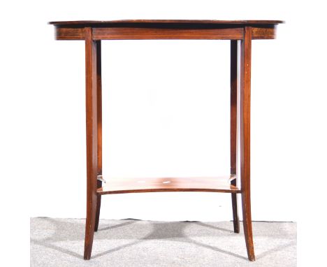Edwardian inlaid mahogany oval occasional table, the top with central panel of musical instruments, boxwood and ebony stringi