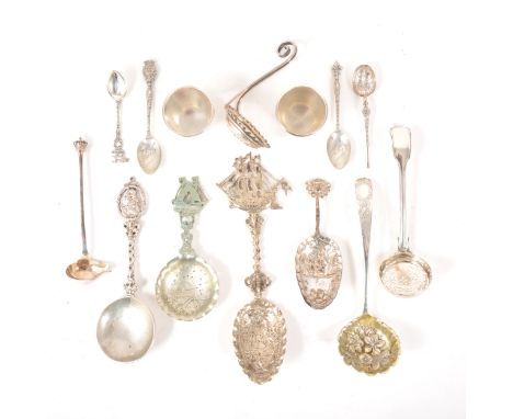 Victorian silver sifter spoon, George Adams, London 1853, Fiddle and Thread pattern; Danish silver sauce ladle, with cornet f