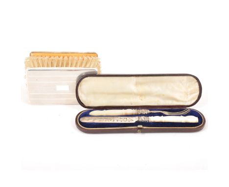 A silver and mother of pearl knife and fork, George Unite, Birmingham 1852, foliate design, cased, a pair of gentleman's silv