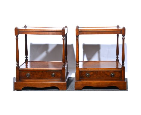 Pair of burr walnut side tables, square tops, baluster supports, frieze drawer, bracket feet, top 44cm x 445cm, height 57cm.