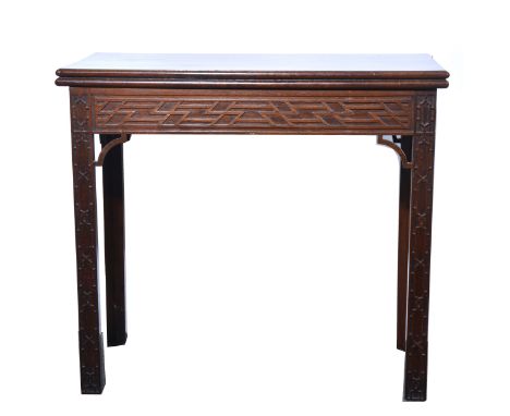 George III mahogany card table, Chippendale style, rectangular fold-over top, baize-lined interior, blind fretwork frieze and