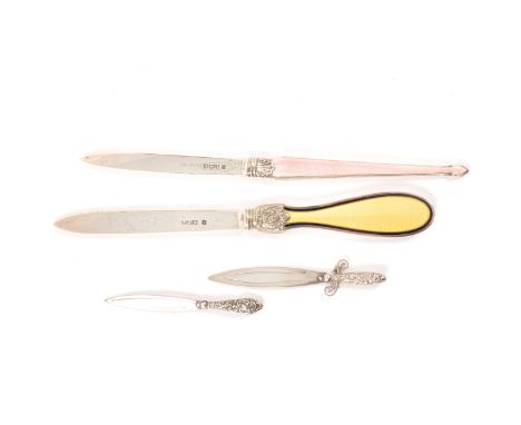 Silver letter knife, by Thomas Bradbury &amp; Son, London 1910, engine turned and enamelled handle, 22cm, another silver lett