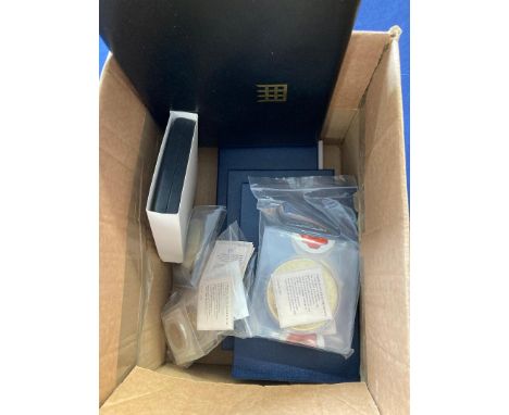 COINS : Box of various display sets of commemorative coins/medals many Gold plated with enamel images 