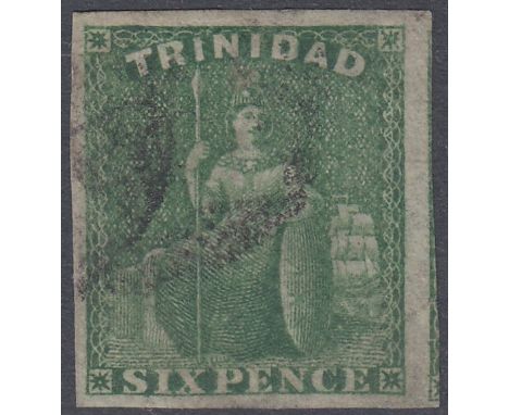 STAMPS TRINIDAD, 1859 6d deep green, used four margin imperf. Has a tiny corner bend, otherwise a fine, rare stamp! SG 28. Ca