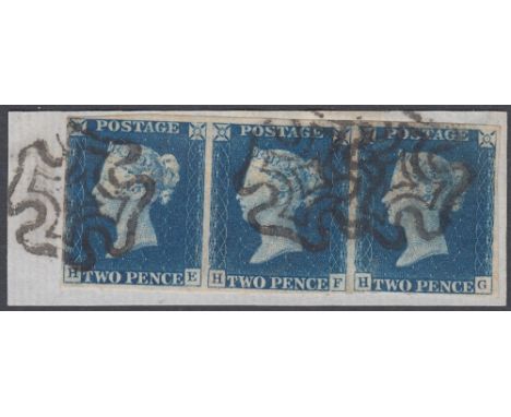 STAMPS 1840 TWO PENNY BLUE Plate 2 strip of three used on piece, clear margins lower margin on (HG) just touches design,  nic