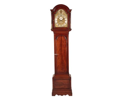 GEORGE II MAHOGANY LONGCASE CLOCK, the brass arched dial, with two subsidiary dials and date aperture, inscribed " James Chat