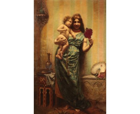 AGAPIT STEVENS (1849-1917) Orientalist style full-length portrait of a woman and child in an interior, signed upper right, oi