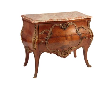 NORTH EUROPEAN KINGWOOD AND MARQUETRY BOMBE COMMODE, with ormolu rococo style mounts, the mottled marble top with a moulded e