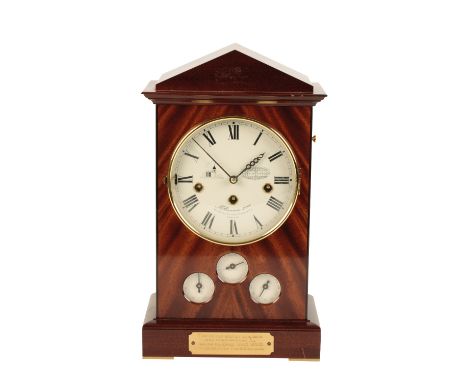 REGENCY STYLE "MILLENNIUM 2000" MAHOGANY MANTEL CLOCK of architectural form, the white enamel dial with Roman numerals enclos