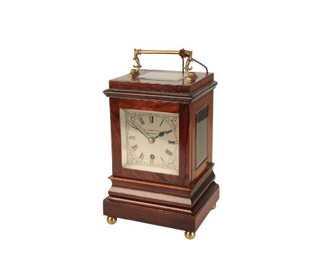 19TH CENTURY ROSEWOOD FOUR GLASS MANTLE CLOCK, the 9cm silvered dial with Roman numerals, inscribed " G J Wagstaff London", t