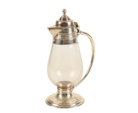 ARTS AND CRAFTS SILVER MOUNTED GLASS CLARET JUG, by A R Mowbray &amp; Co Ltd, London, 1931, circular tapering form, domed hin