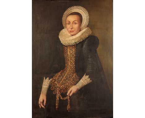 AFTER CORNELIS VAN DER VOORT (1576-1624) Portrait of a lady, three-quarter-length, in a black vlieger brocade gown, with an e