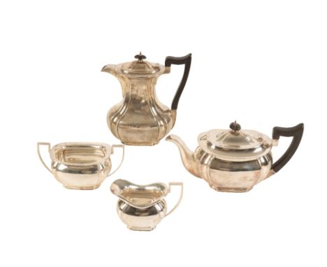 FOUR-PIECE SILVER TEA SET, by John Round &amp; Sons Ltd, Sheffield, 1938, oblong bellied form, wooden scroll handles, hinged 