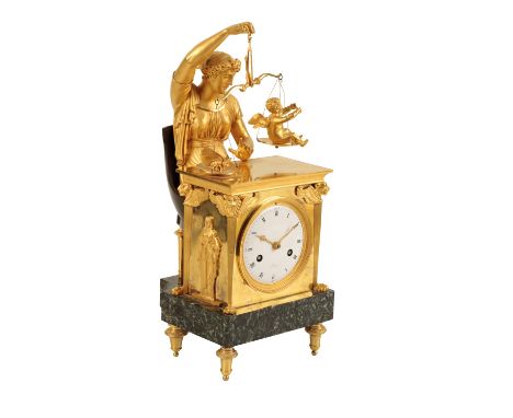 EARLY 19TH CENTURY FRENCH ORMOLU AND MARBLE MANTLE CLOCK, the 9cm white enamel dial, with Roman numerals, inscribed " a Parin