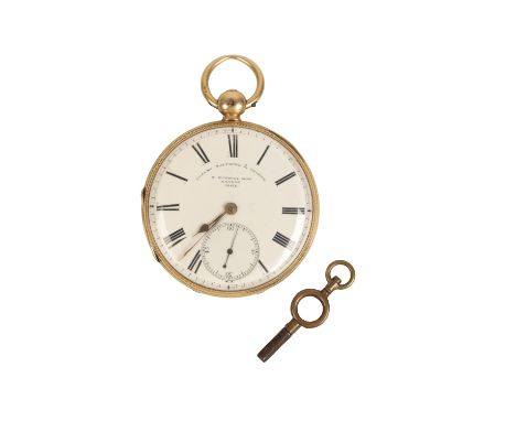 COZENS MATTHEWS AND THORP OF LONDON: AN 18CT GOLD OPEN-FACED POCKET WATCH with key-wind movement, the white enamel dial with 