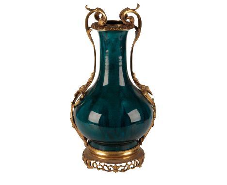 GILT BRONZE MOUNTED CHINESE TURQUOISE GLAZE BOTTLE VASE, 19TH CENTURY, with two rococo scroll handles, 42cm high