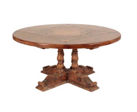 TUSCAN WALNUT AND MARQUETRY CENTRE TABLE with a circular top on four baluster supports and a sledge base, 158cm dia. x 75cm h