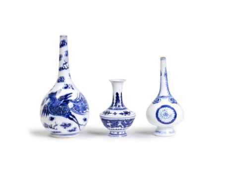 A group of three Chinese blue and white vasesQing dynasty, 18th century - 20th centuryComprising a Chinese 'bleu de hue' bott