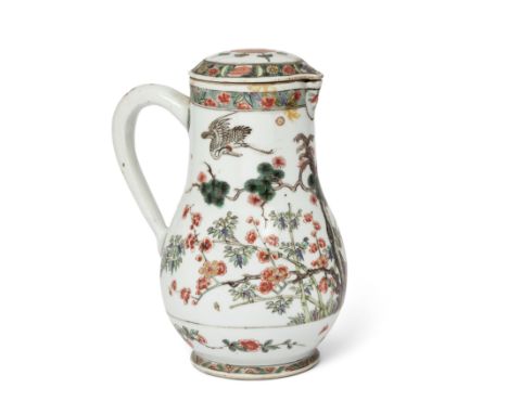A Chinese famille verte 'three friends of winter' coffee pot and coverQing dynasty, Kangxi periodPainted to the body with cra