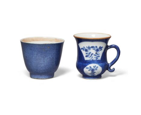 A Chinese powder blue tea bowl and a coffee cupQing dynasty, Kangxi periodThe tea bowl, painted to the centre in iron red and