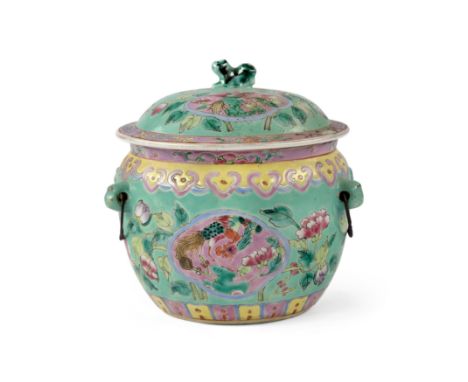 A Chinese Nyonya famille rose jar and coverRepublic periodDecorated to the body between a band of ruyi heads and lotus petals