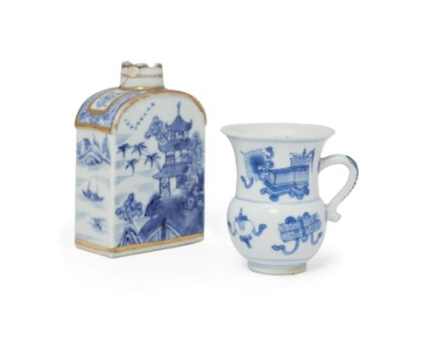 A Chinese blue and white cup and a tea cannisterQing dynasty, Kangxi period and 18th centuryThe cup decorated with 'precious 