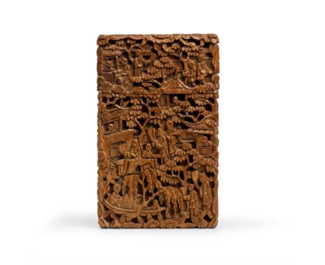 A Chinese canton boxwood carved card case and coverQing dynasty, 19th centuryOverall carved in relief with figures amidst tal