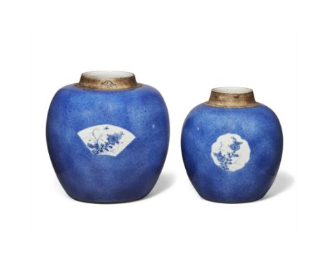 Two Chinese powder blue resist decorated oviform jarsQing dynasty, Kangxi periodResist-decorated on the powder-blue grounds w