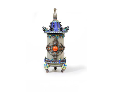 A Chinese jade and enamelled silver pagoda-shaped box and cover with coral and turquoise inlayLate Qing dynasty/Republic peri