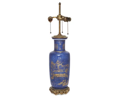 A Chinese powder-blue and gilt rouleau vaseQing dynasty, Kangxi periodThe powder blue glaze gilt with 'Shou', wan symbols, an