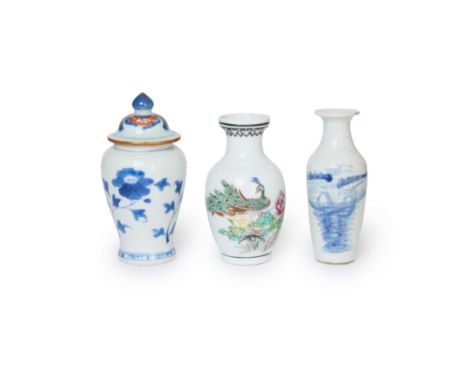 Three Chinese small vases18th - 20th centuryComprising an 18th century blue and white vase with cover enameled in iron red ov