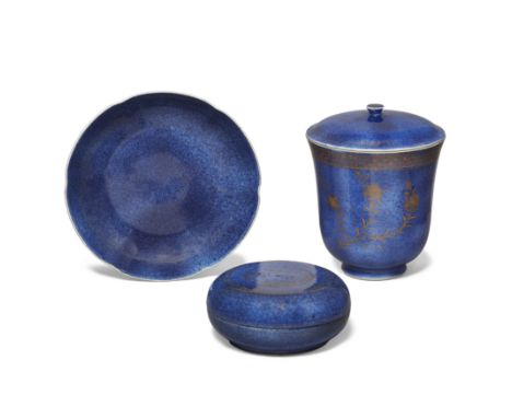 Three Chinese powder blue vesselsQing dynasty, Kangxi periodComprising a shallow foliate dish with underglaze blue lozenge ma