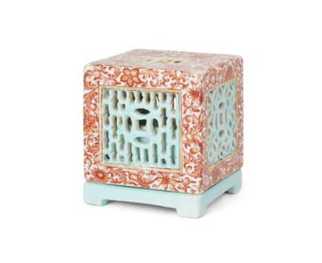 A small Chinese turquoise and iron red-enamelled reticulated 'floral' incense box and coverQing dynasty, Qianlong periodThe c