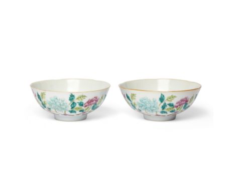 A pair of Chinese famille rose 'peony' bowlsRepublic period, apocryphal Tongzhi seal marksEach enamelled with pink and turquo