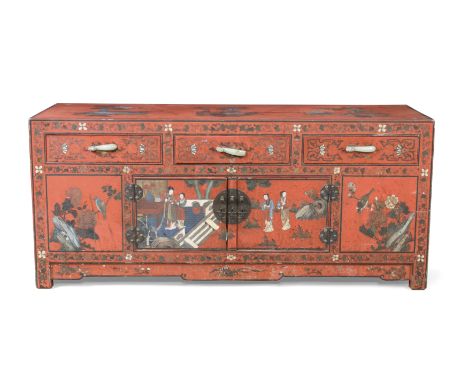 A Chinese lacquer low cabinet with three jade belt hook handles,Late Qing dynastyThe top surface decorated with precious vess