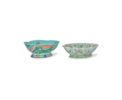 Two large Chinese famille rose 'lotus' stem bowlsQing dynasty, 19th centuryThe first, with 'shou' roundels on the turquoise i