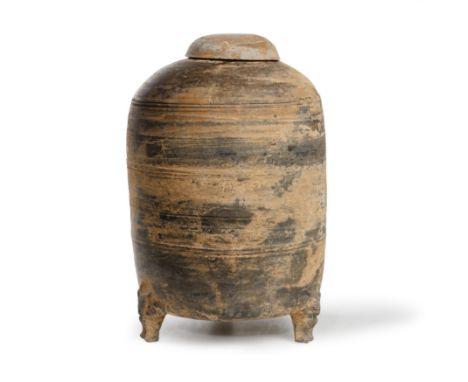 A Chinese earthenware model of granaryHan dynastyThe brownish grey cylindrical body with bowstring decoration, with a domed l
