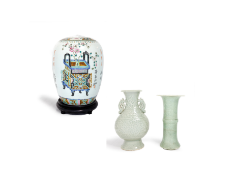 A Chinese famille rose jar and cover and two celadon vaseslate 19th  - 20th centuryThe jar of ovoid form, painted to the fron