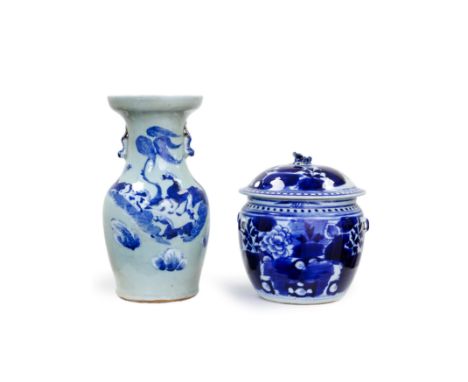 A Chinese celadon ground vase and a blue and white four tie jarLate Qing dynastyThe celadon vase painted onto the areas with 