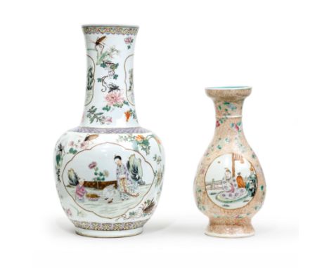 Two Chinese famille rose vasesRepublic period/20th centuryThe first enamelled with shaped medallions of scholars and their bo