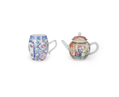 A Chinese famille rose export 'Mandarin pattern' teapot and a Chinese blue and white and famille rose export tankardQing dyna