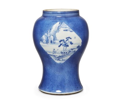 A Chinese powder blue glazed baluster vase Qing dynasty, Kangxi periodRaised on stepped foot, painted to the body within thre